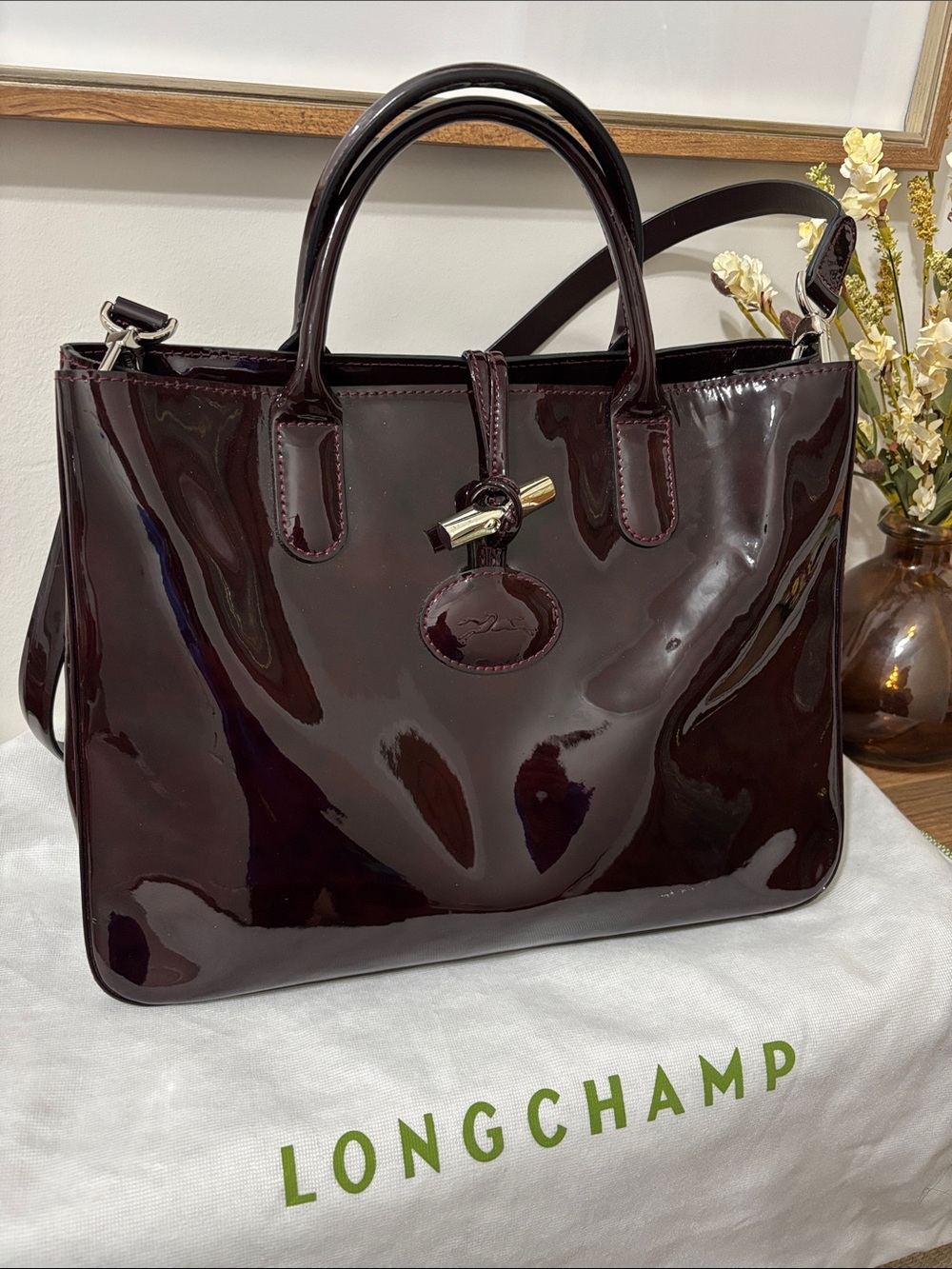 Longchamp Le Roseau Patent Leather Tote in Dark Burgundy w dust bag